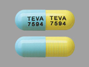 Pill TEVA 7594 TEVA 7594 Blue & Yellow Capsule-shape is Atomoxetine Hydrochloride
