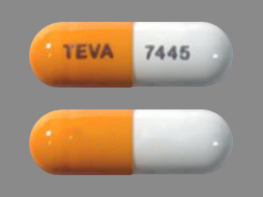 Pill TEVA 7445 Peach & White Capsule-shape is Budesonide (Enteric Coated)