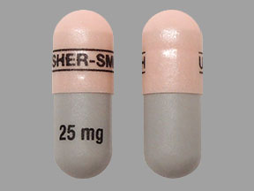 Pill UPSHER-SMITH 25 mg Gray & Pink Capsule/Oblong is Qudexy XR