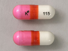 Pill K 115 Pink Capsule/Oblong is Diphenhydramine Hydrochloride