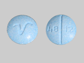 Pill V 48 12 Blue Round is Oxycodone Hydrochloride