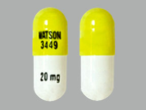 Pill WATSON 3449 20 mg Yellow & White Capsule/Oblong is Morphine Sulfate Extended Release