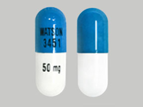 Pill WATSON 3451 50 mg Blue & White Capsule/Oblong is Morphine Sulfate Extended Release