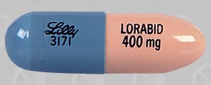 Pill Lilly 3171 LORABID 400 mg Blue Capsule-shape is Lorabid pulvules