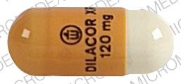 Pill Logo DILACOR XR 120 mg Gold Capsule/Oblong is Dilacor XR