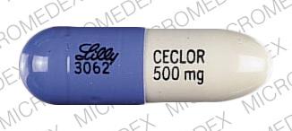 Pill Lilly 3062 CECLOR 500 mg Blue Capsule/Oblong is Ceclor pulvules
