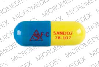 Pill S F-C SANDOZ 78-107 Blue & Yellow Capsule-shape is Fiorinal with Codeine