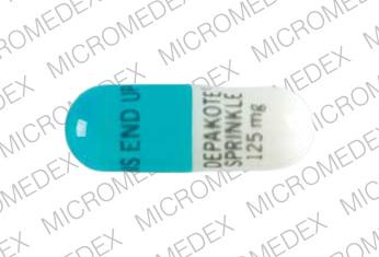 Pill THIS END UP DEPAKOTE SPRINKLE 125 mg Blue & White Capsule-shape is Depakote Sprinkles