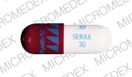 Pill SERAX 30 WYETH-52 Red Capsule/Oblong is Serax