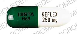 Pill DISTA H69 KEFLEX 250 mg Green Capsule/Oblong is Keflex