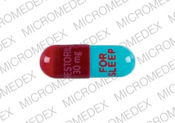 Pill RESTORIL 30 mg FOR SLEEP Red & Turquoise Capsule/Oblong is Restoril