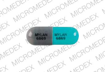 Pill MYLAN 6869 MYLAN 6869 Blue & Gray Capsule-shape is Anagrelide Hydrochloride