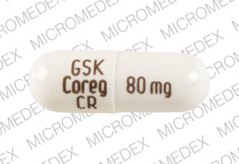 Pill GSK Coreg CR 80 mg White Capsule-shape is Carvedilol Phosphate Extended-Release