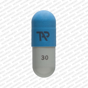 Pill TAP 30 Blue & Gray Capsule/Oblong is Dexilant