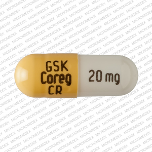 Pill GSK Coreg CR 20 mg Yellow & White Capsule-shape is Carvedilol Phosphate Extended-Release