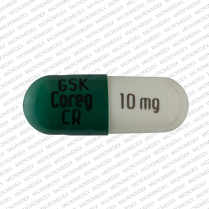 Pill GSK Coreg CR 10 mg Green & White Capsule-shape is Carvedilol Phosphate Extended-Release
