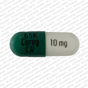 Pill GSK Coreg CR 10 mg Green & White Capsule/Oblong is Carvedilol Phosphate Extended-Release