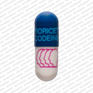 Pill FIORICET CODEINE Logo (Four Heads) Blue & Gray Capsule-shape is Acetaminophen, Butalbital, Caffeine and Codeine Phosphate
