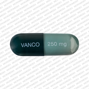 Pill VANCO 250 mg Green & Turquoise Capsule/Oblong is Vancomycin Hydrochloride