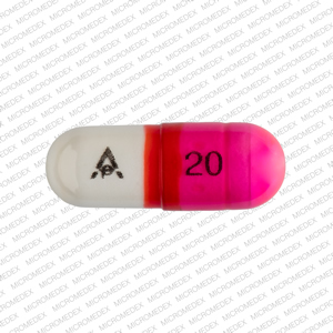 Pill AP 20 Pink & White Capsule-shape is Diphenhydramine Hydrochloride