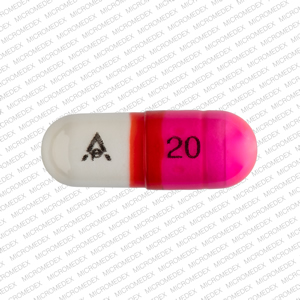 Pill AP 20 Pink & White Capsule/Oblong is Diphenhydramine Hydrochloride