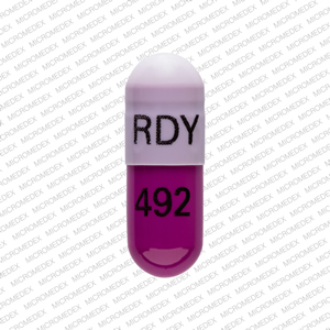Pill RDY 492 Purple Capsule-shape is Esomeprazole Magnesium Delayed-Release