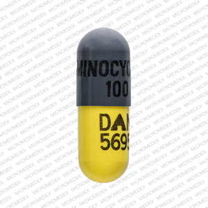 Pill MINOCYCLINE 100 DAN 5695 Gray & Yellow Capsule-shape is Minocycline Hydrochloride