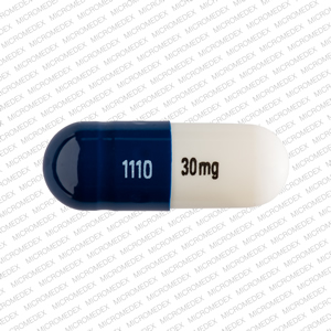 Pill 1110 30 mg Blue & White Capsule-shape is Duloxetine Hydrochloride Delayed-Release