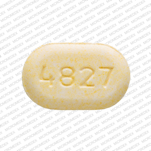 Pill V 4827 Yellow Capsule/Oblong is Acetaminophen and Oxycodone Hydrochloride