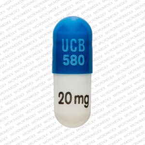 Pill UCB 580 20 mg Blue & White Capsule/Oblong is Metadate CD