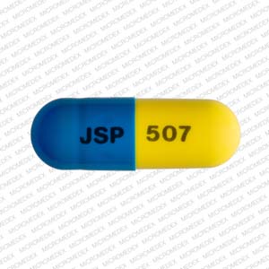 Pill JSP 507 Blue & Yellow Capsule/Oblong is Aspirin, Butalbital, Caffeine and Codeine