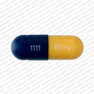Pill 1111 60 mg Blue & Yellow Capsule/Oblong is Duloxetine Hydrochloride Delayed-Release