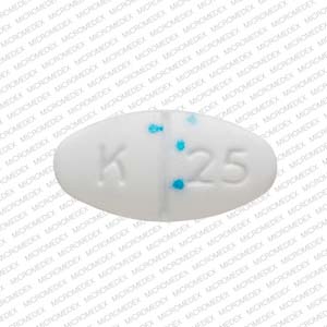 Pill K 25 White & Blue Specks Elliptical/Oval is Phentermine Hydrochloride