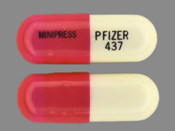 Pill MINIPRESS PFIZER 437 Pink & White Capsule/Oblong is Minipress