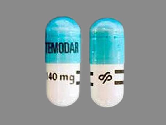 Pill TEMODAR 140 mg Logo Blue & White Capsule-shape is Temodar