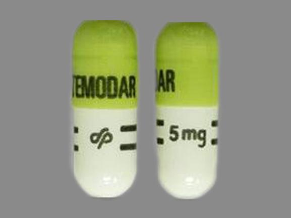 Pill TEMODAR 5 mg Logo Green & White Capsule/Oblong is Temodar