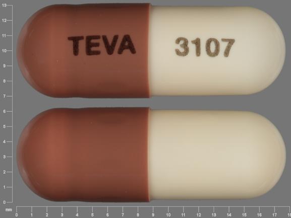 Pill TEVA 3107 Tan Capsule-shape is Amoxicillin