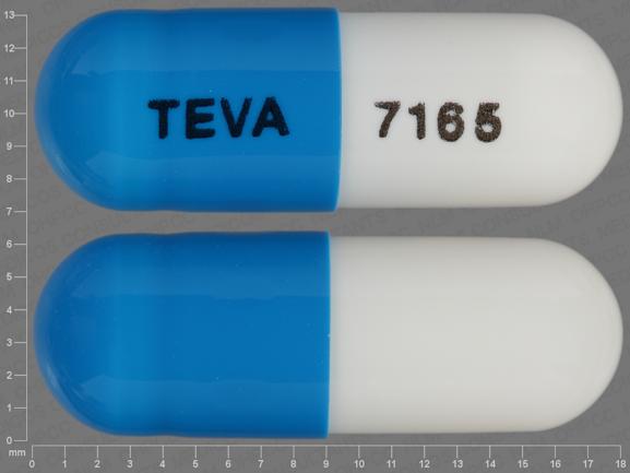 Pill TEVA 7165 Blue & White Capsule/Oblong is Celecoxib