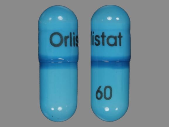 Pill Orlistat 60 mg Blue Capsule-shape is Alli