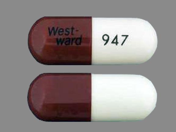 Pill West-ward 947 Brown & White Capsule-shape is Cefadroxil Monohydate