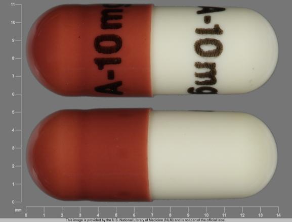 Pill A-10 mg A-10 mg Brown & White Capsule/Oblong is Soriatane