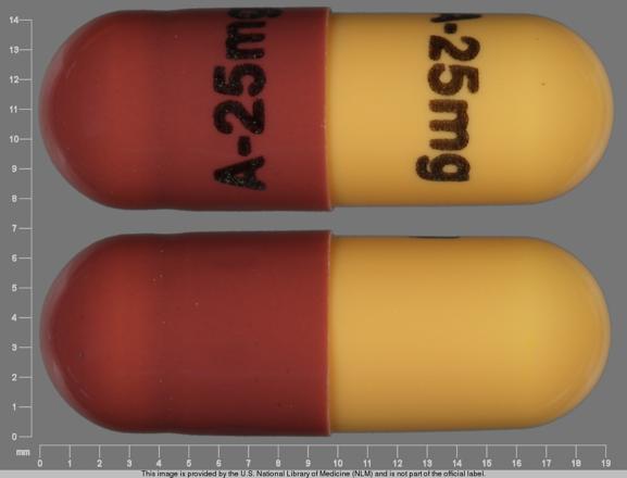 Pill A-25 mg A-25 mg Brown & Yellow Capsule/Oblong is Soriatane