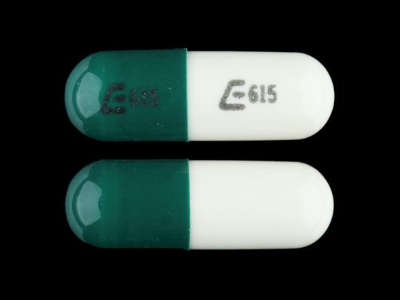 Pill E 615 E 615 Green & White Capsule/Oblong is Hydroxyzine Pamoate