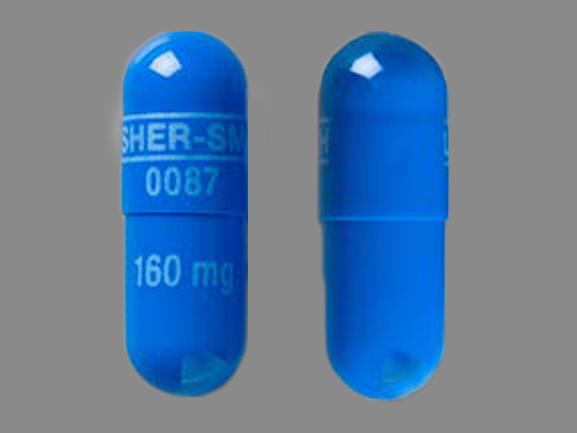 Pill UPSHER-SMITH 0087 160mg Blue Capsule/Oblong is Propranolol Hydrochloride Extended Release