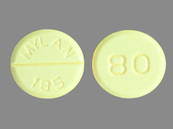 Pill MYLAN 185 80 Yellow Round is Propranolol Hydrochloride