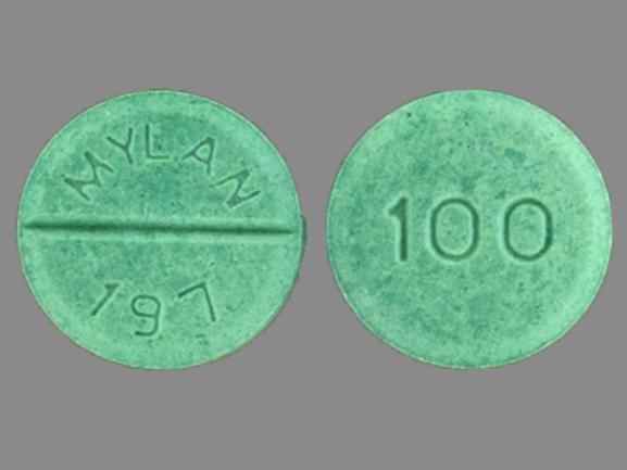 100 Mylan 197 Pill Green Round 9mm, Green Round Tablet