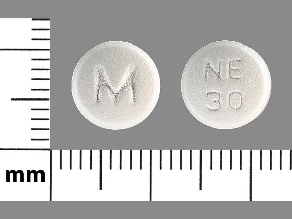 Pill M NE 30 White Round is Nifedipine Extended-Release