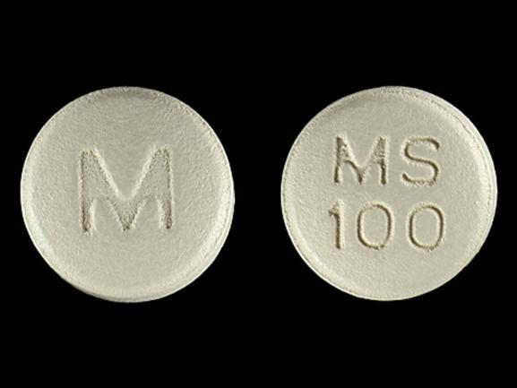 Pill M MS 100 Gray Round is Morphine Sulfate Extended Release