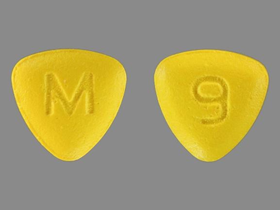 Pill 9 M Yellow Three-sided is Fluphenazine Hydrochloride