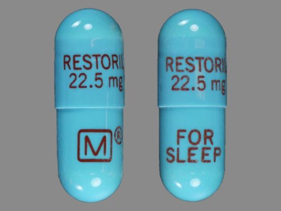 Pill RESTORIL 22.5 mg M FOR SLEEP Blue Oblong is Restoril